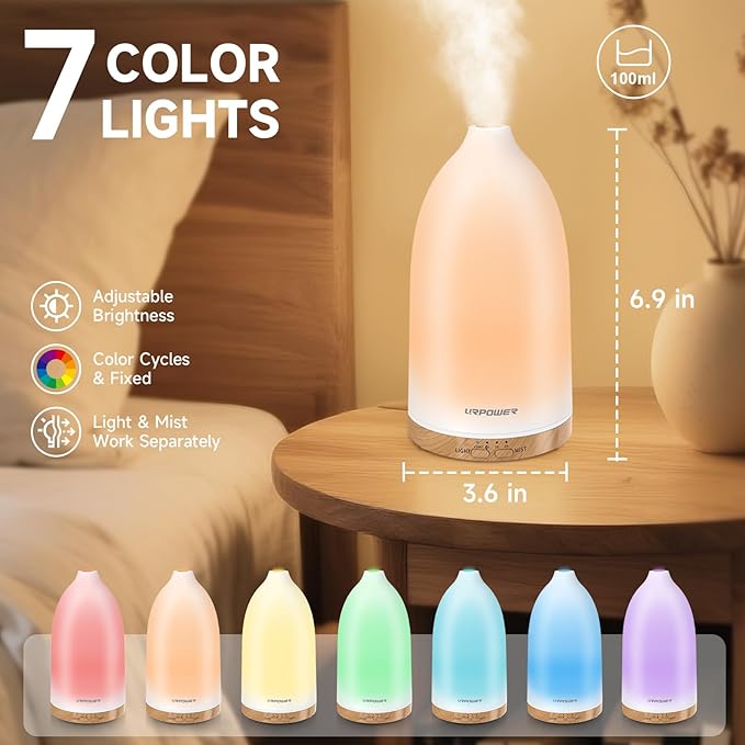URPOWER Essential Oil Diffuser with 7 LED Color Changing Lights, Timer & Auto-Off - Ultrasonic Aromatherapy Fragrant Oil Humidifier Vaporizer Scent Diffusers for Home, Bedroom, Office, Yoga - Bloomnest