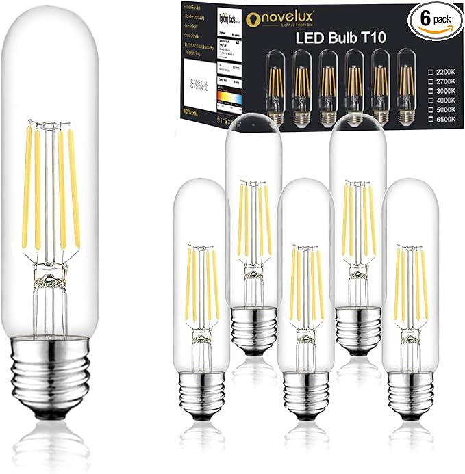 5 Inch Edison Bulb, 6000K Cool White E26 Led Bulb 6W Dimmable, 800LM T10 T9 Bulb Clear Glass Tubular Light Bulbs, AC 120V Equal 80 Watt Bulbs for Chandelier Pendant Wall Light - 6Pack - Bloomnest