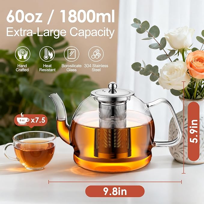 1800ml Glass Teapot with Infuser, Stovetop Safe Large Tea Pot, Hand Crafted Borosilicate Glass Tea Kettle, Blooming and Loose Leaf Tea Maker for Tea Lovers, Tea Gift Set with Cleaning Brush - Bloomnest