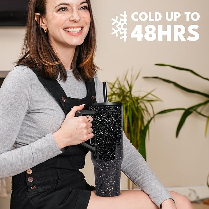 Elemental 40 oz Tumbler with Handle and Straw - Spill Proof Insulated Stainless Steel Commuter for Hot and Cold Beverages - Travel Coffee Mug with 2 Straws & Spill Proof Lid - 40oz - Black Speckle - Bloomnest