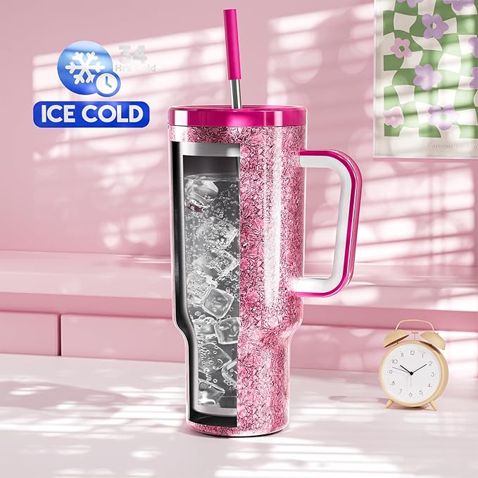 Meoky 40 oz Tumbler with Handle for Women: Stainless Steel Insulated Tumbler with Lid and Straw - 100% Leak Proof Tumbler for Home Office Car - Travelers Commuters Workers, Peony - Bloomnest