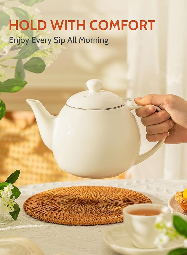 Sweese Teapots for Tea, 27 oz Porcelain Tea pot with Removable Stainless Steel Infuser, Tea Pots for Loose Tea - White - Bloomnest