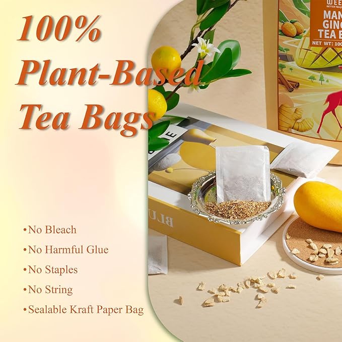 WT WEETEE Mango Ginger Tea Bags, 2g x 100 Counts, Flavored Ginger Herbal Tea Includes Cardamom, Fennel, Cinnamon, Rooibos, Licorice & More, Natural Caffeine-free - Bloomnest