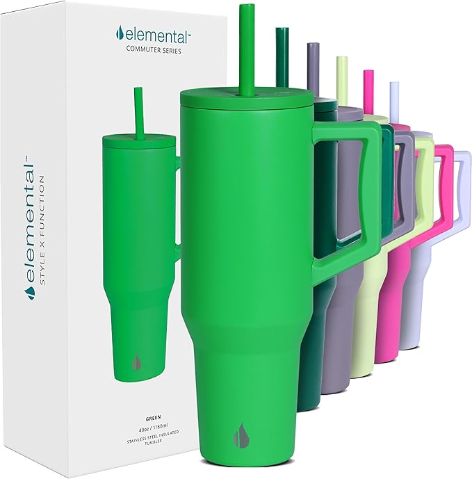 Elemental 40 oz Tumbler with Handle and Straw - Spill Proof Insulated Stainless Steel Commuter for Hot and Cold Beverages - Travel Coffee Mug with 2 Straws & Spill Proof Lid - 40oz - Green - Bloomnest