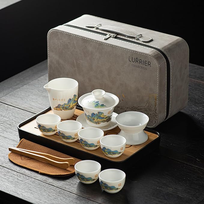 LURRIER Gongfu tea sets, Portable Ceramic TeaSet, Asian Tea sets for adult, Tea Gift sets, Grey leather case, Portable Travel Bag,Home,Gifting,Outdoor and Office(White Jade Thouand Mile and Mountain) - Bloomnest