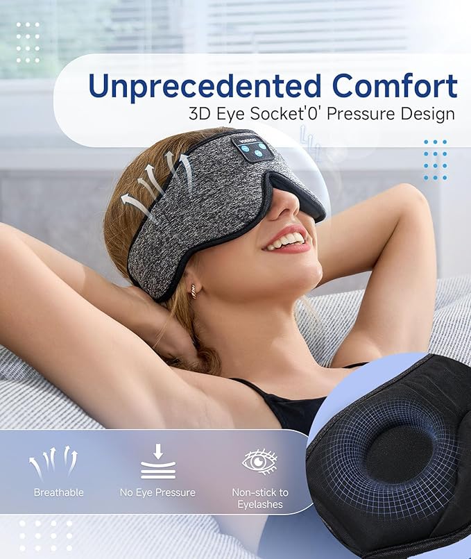 Voerou Sleep Mask with Bluetooth Headphones, Zero Pressure Wireless Sleeping Eye Mask, 100% Light Blocking Sleep Headphones for Side Sleepers, Suitable for Sleep Nap Travel, Cool Gadgets Unique Gifts - Bloomnest
