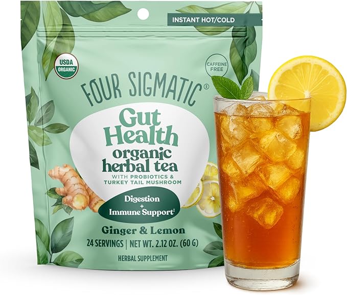 Four Sigmatic Gut Health Organic Herbal Tea | Organic Lemon Ginger Tea with Probiotics & Turkey Tail Mushroom | Instant Digestive Tea | Vegan, Gluten-Free | Lemon Ginger, 24 Servings - Bloomnest
