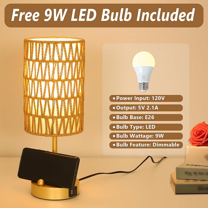 Gold Bedside Lamps Set of 2, Touch Control Night Stand Lamp for Bedroom with Rattan & Linen Shade & Bulbs, 3 Way Dimmable Small Boho Table Lamps with USB Charging Port & Phone Stand - Bloomnest