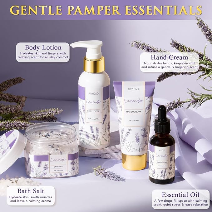 Birthday Gifts for Women, Lavender Relaxing Spa Gift Baskets for Women Self Care Package Bath Gift Set, Home Bath and Body Kit Pamper Valentines Day Gifts for Her Womens Mom Friends Wife Girlfriend - Bloomnest