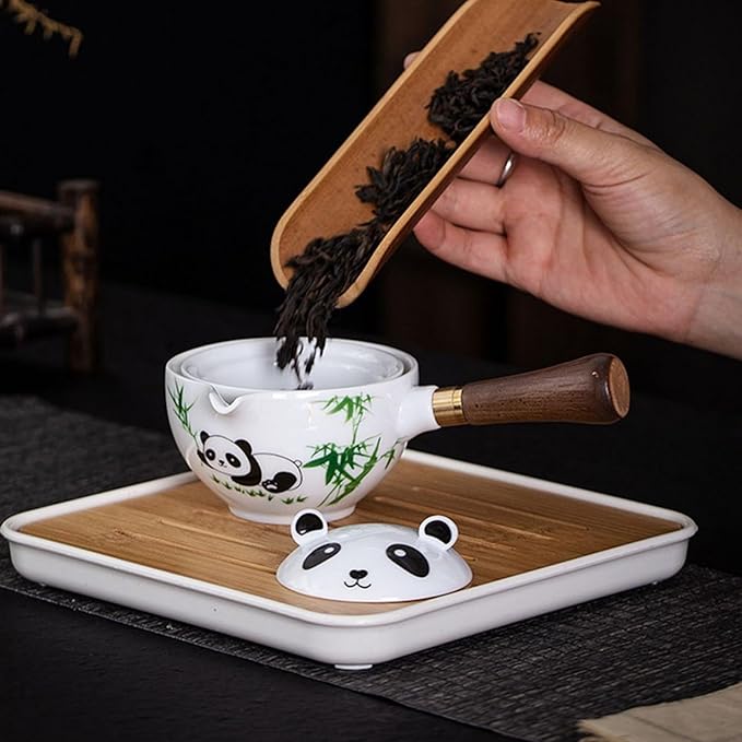 Ceramic Portable Travel Tea Set, Chinese Kungfu Tea Set with 360 Rotation Teapot and Infuser, 4 Tea Cups, Tea Tray And Travel Bag (Panda)