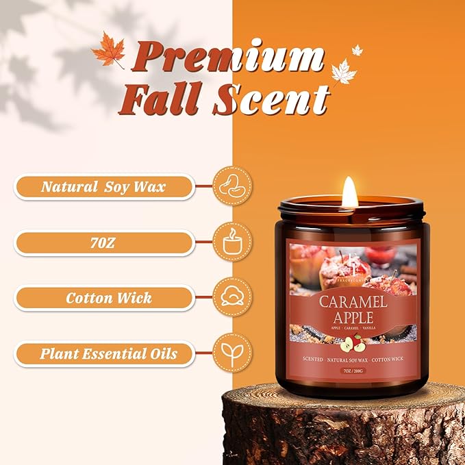 Fall Candle, Caramel Apple Scented Candles for Home, Natural Soy Autumn Candle Aromatherapy Candle, 7 oz Jar Candles Fall Gifts for Women Men - Bloomnest