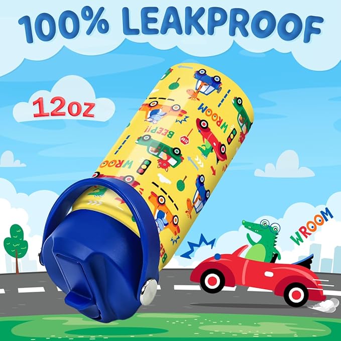 Kids Water Bottle with Straw Lid - 12 Oz Insulated Stainless Steel Vehicle Cars Water Bottles for Kid Boys - Travel Cup for School Sports - Bloomnest