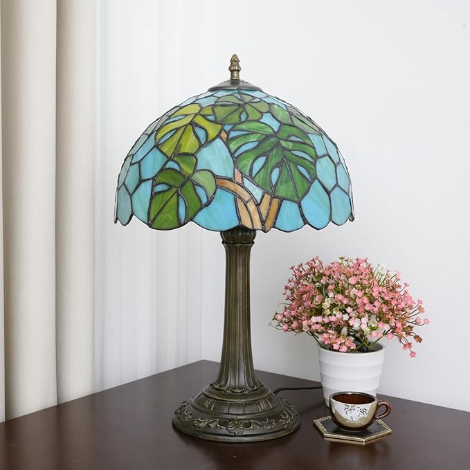 Tiffany Lamp Monstera Deliciosa Style Stained Glass Table Lamp Vintage Monstera Swiss Cheese Plant Bedroom Bedside Light for Home Dorm Office Art Craft Antique Decor 12x12x19 Inches - Bloomnest