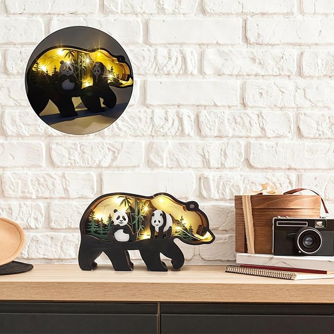 Drawelry 3D Wood Carving Animals Lamp Home Decorative, Cute Bear Family Elephant Presents Ideas Christmas Living Room Office Decor Warm LED Night Lights Gift for Friend Daughter Son Mom Dad (Panda) - Bloomnest