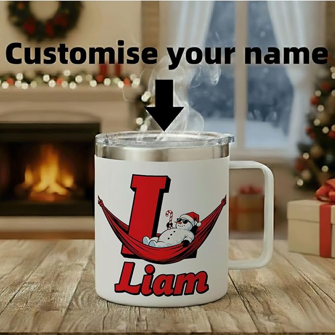 JugJug Personalized Christmas Mug with Initial & Name - Funny Chilling Snowman 12oz Insulated Coffee Cup w/Lid - Cool Xmas Gifts for Kids, Boys (B173) - Bloomnest