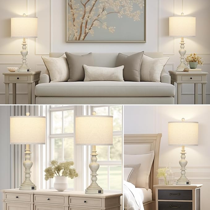 27" Farmhouse Lamps Set of 2 with USB C+A Charging Ports, Vintage Rustic Touch Control Table Lamp for Living Room, 3-Way Dimmable Traditional Nightstand Bedside Lamp for Bedroom Resin Washed Beige - Bloomnest