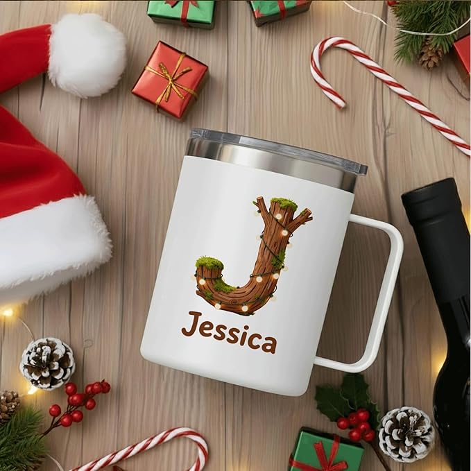 Personalized Christmas Mug with Name, 12oz Insulated Coffee Travel Mug with Handle & Lid, Rustic Custom Monogram Tumbler, Xmas Holiday Gift for Women, Her, Mom (B02) - Bloomnest