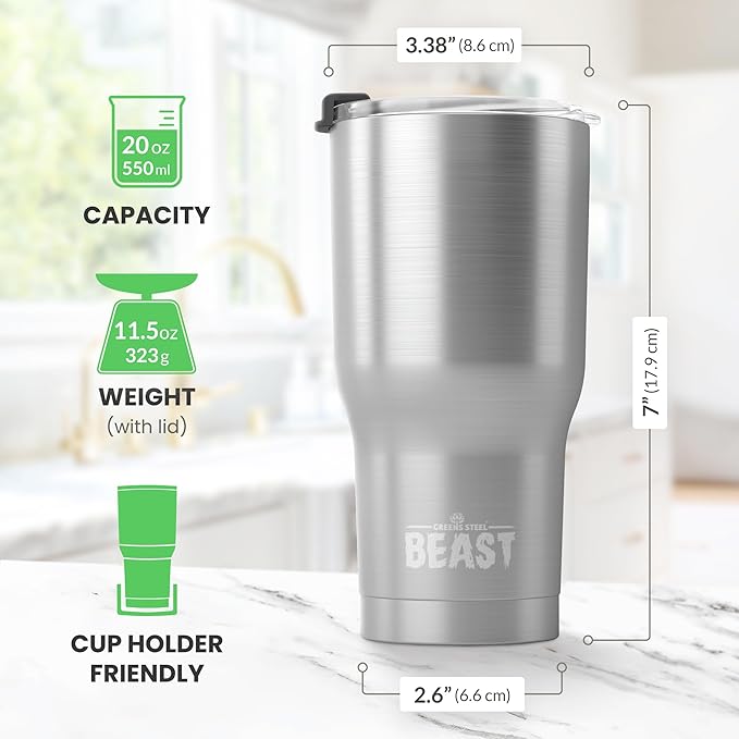 Beast 20 oz Tumbler Stainless Steel Vacuum Insulated Coffee Ice Cup Double Wall Travel Flask (Stainless Steel) - Bloomnest