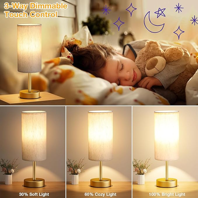 Small Touch Bedside Lamp with USB - 3 Way Dimmable Gold Table Lamp for Bedroom, Nightstand Lamp with Gold Charging Station for Desk Dorm, Office - Bloomnest