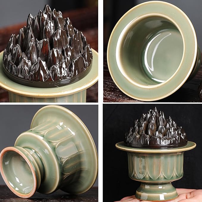 Ceramic Incense Burner with Lid of Mountain Shape,Incense Cone Holder for Coil Incense and Powder Incense,Mediation Gift,Room Decor(Celadon) - Bloomnest