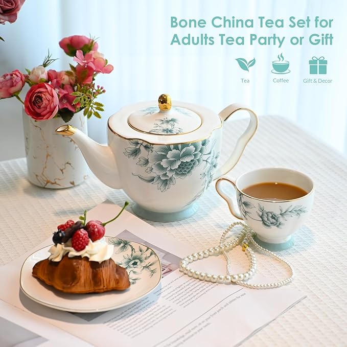 ACMLIFE Bone China Tea Cups and Saucers for 1, 6.8 oz Teacup Set for Adults, with Gold Trim and Gift Box, Blue and White Chinese English British Wedding Tea Set for One Coffee Cup Set (Blue-Leaf) - Bloomnest
