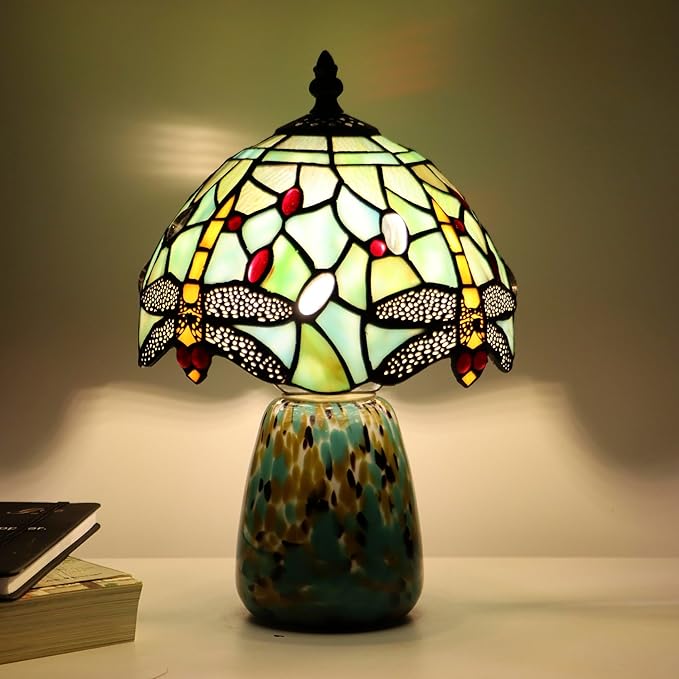 Tiffany Mushroom Table Lamp Dragonfly Style Blue Stained Glass Accent Lamp Brown Blue Glass Base 8X8X12 Inch - Bloomnest