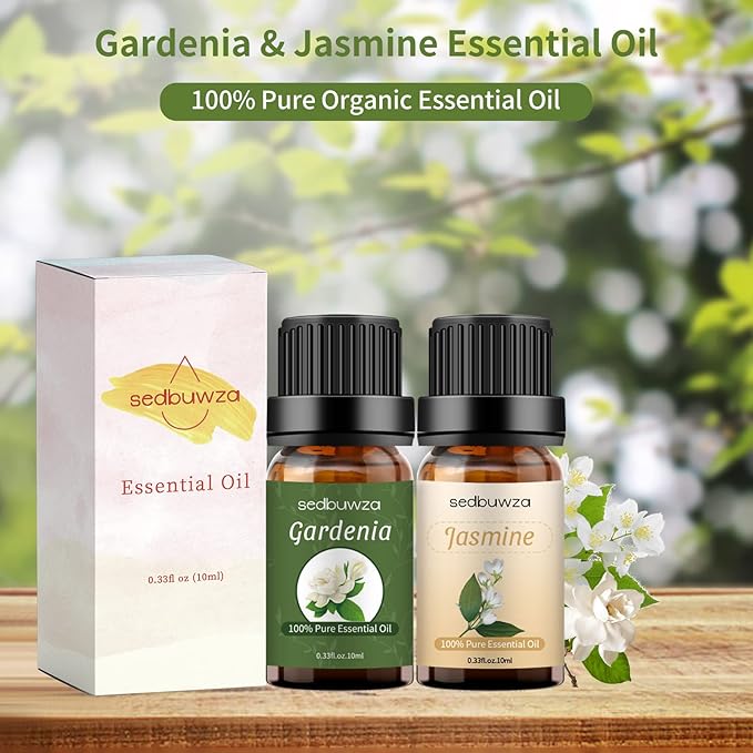 Sedbuwza Gardenia Jasmine Essential Oil Set, Gardenia Fragrance Oil Jasmine Scent Oil Set for Diffuser, Aromatherapy, Massage, Soap, Candle Making 2 x 10 ml Sedbuwza