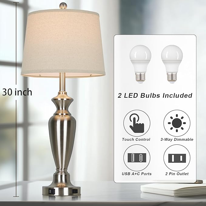 30" Tall Silver Table Lamps Set of 2 for Living Room, 3-Way Dimmable Touch Control Bedside Lamps for Bedroom Nightstand with USB A+C Ports & AC Outlet (2 LED Bulbs Included) - Bloomnest