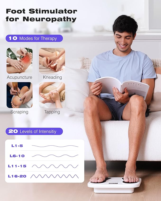 KINGJOY Foot Massager for Neuropathy, Rechargeable EMS TENS Foot Stimulator with 10 Modes 20 Intensities for Circulation Plantar Fasciitis & Swelling Pain Relief, Gifts for Women Men-White - Bloomnest