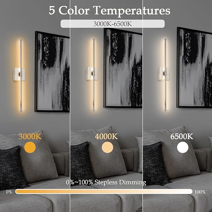 LED Wall Sconces with Remote Control, Dimmable Wall Sconces Set of 2, 5 Colors 3000K-6500K & Dimmable, Hardwire Wall Light with Timer & Night Light, LED Nickel Wall Lamps for Living Room, Bedroom - Bloomnest