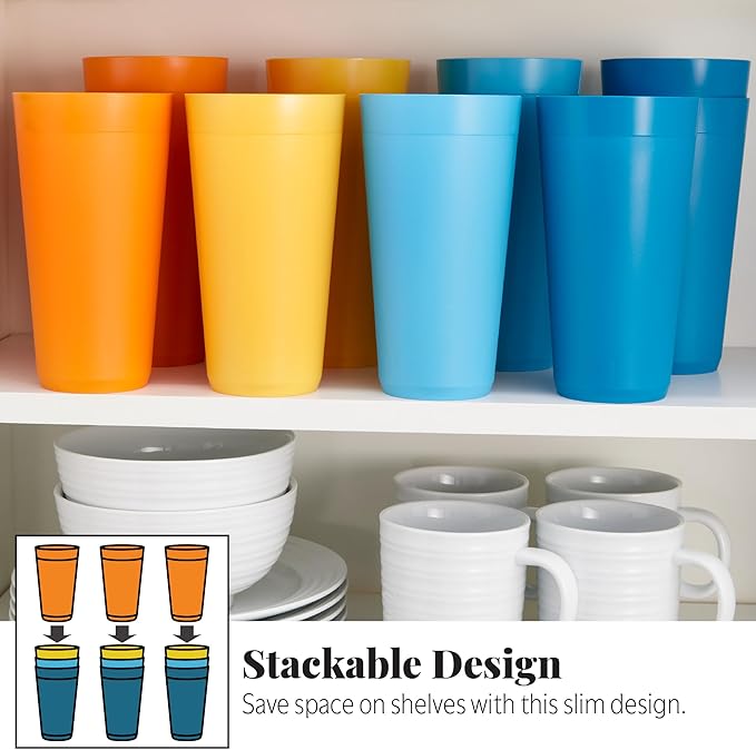 US Acrylic Newport 32 ounce Unbreakable Plastic Stackable Iced-Tea Tumblers in 4 Sunrise Colors | Set of 12 Drinking Cups | Reusable, BPA-free, Made in the USA, Top-rack Dishwasher and Microwave Safe - Bloomnest