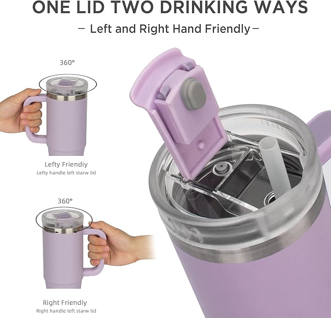 Tyeso 40 oz Tumbler with Handle, Straw and Lid - Leak Resistant Insulated Stainless Steel Water Bottle, Car Cup Holder Friendly Travel Coffee Mug Purple - Gifts for Men & Women - Bloomnest