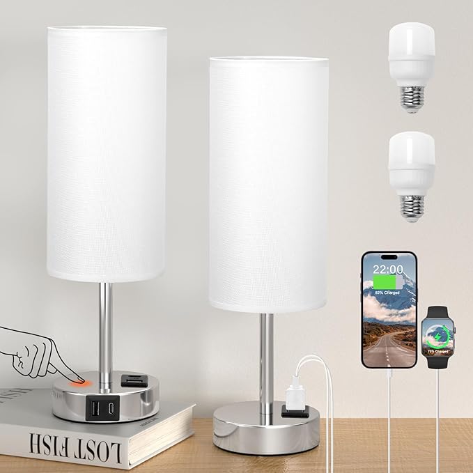 Bedside Table Lamps for Bedroom Set of 2 - Touch Lamp for Nightstand with USB-A+C Charging Ports - 3 Way Dimmable Small Desk Lamp White for Office, Dorm Room, Living Room, Reading, Nursery - Bloomnest