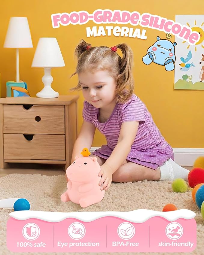 Cute Hippo Night Light, Animal Lamp, Food Grade Silicone, Rechargeable, 2 Level Dimmable, Squishy Nursery Nightlight for Desk Decor, Funny Gifts Stuff for Boys Girls Baby, White Elephant Gifts - Bloomnest
