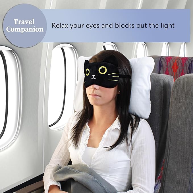 Cute Sleep Masks Cartoon Animal Cat Eye Mask Plush Sleeping Mask & Travel Blindfold - Funny Kitten Eye Shade for Kids, Girls & Adults (Black Cat-2) - Bloomnest