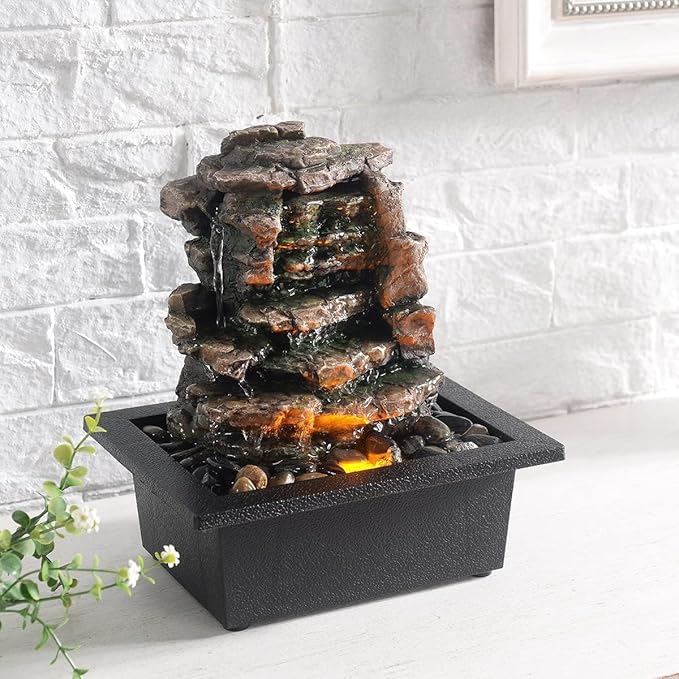 GOSSI Home Décor Waterfall Meditation Fountain Indoor Tabletop Many Natural River Rocks Decorated Office Home Tabletop Fountion with LED Lights Christmas Decorations - Bloomnest