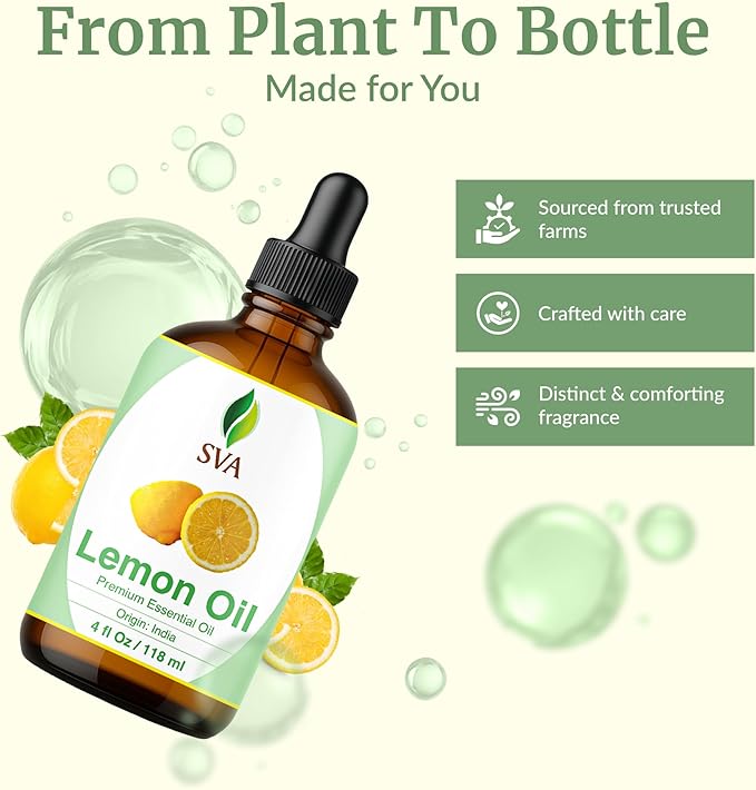 SVA Lemon Essential Oil – 4 Fl Oz – 100% Natural Lemon Oil - for Diffuser, Hair Care, Face, Skin Care, Aromatherapy, Scalp and Body Massage, Soap and Candle Making – with Dropper - Bloomnest