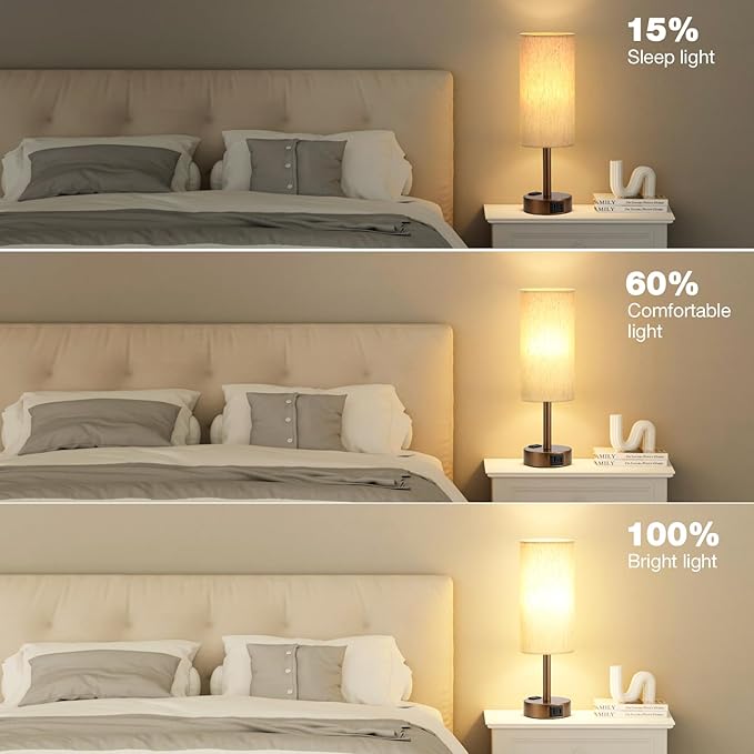 Brown Bedside Table Lamp for Bedroom - 3 Way Dimmable Touch Lamp USB C Charging Ports and AC Outlet, Small Lamp Round Flaxen Cream Fabric Shade for Living Room, Desk, LED Bulb Included - Bloomnest