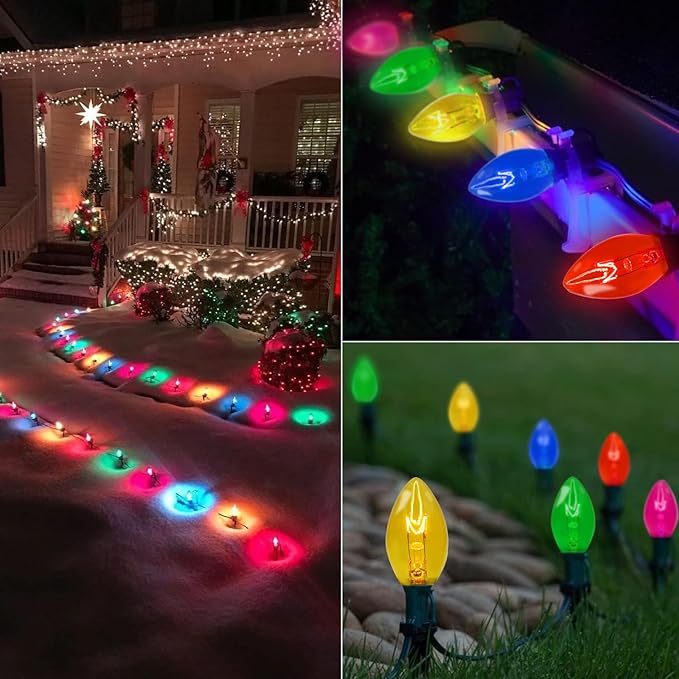 Couah C7 Christmas Light Bulbs C7 Clear Multi-Color Replacement Bulbs（25 Pack） C7 Ceramic Outdoor String Light Replacement Bulbs, C7/E12 Candelabra Base, 5 Watt - Bloomnest
