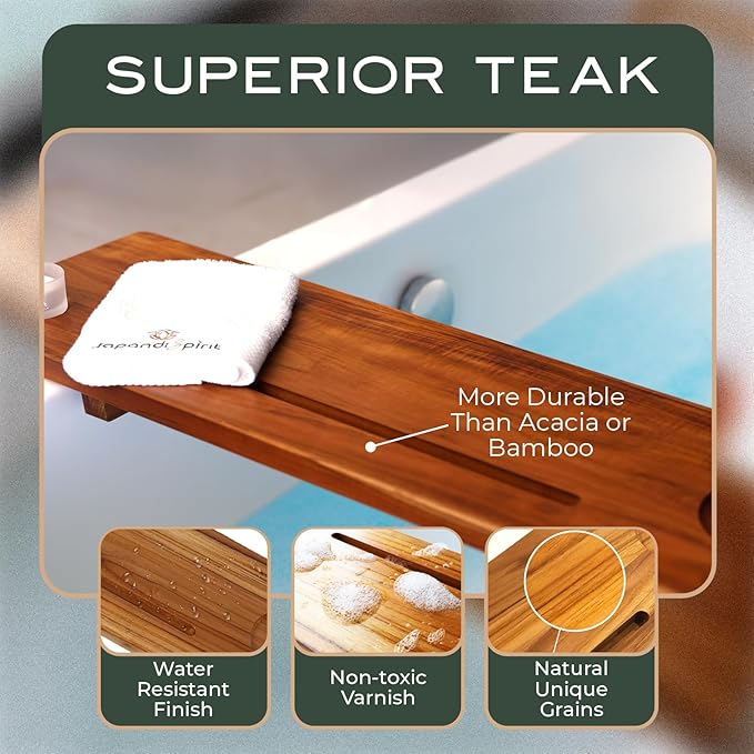 Grand Fjord | Teak Bathtub Tray for Large Soaking Tub | Extra Long 35” Luxury Bath Caddy for Freestanding Tubs | Minimalist Wooden Tub Tray with Candle Holders & Premium Towel by JapandiSpirit - Bloomnest