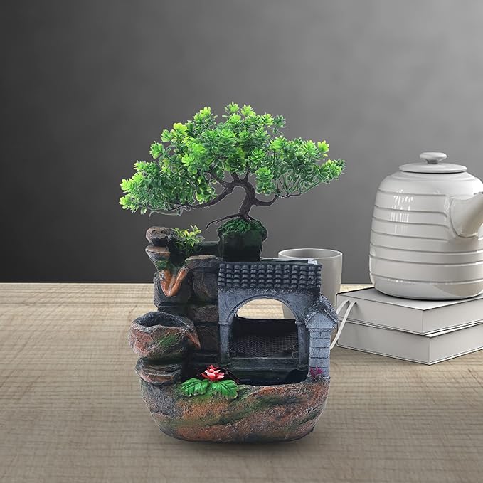 Rockery Tabletop Fountain, Chinese Feng Shui Waterfall Desktop Water Fountain Decor with LED Light, Rockery Tabletop Decoration with Windmills, Plant for Office, Home, Bedroom Desk Decoration