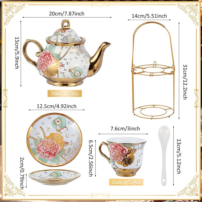 Zhehao 20 Pcs Porcelain Tea Set with Metal Holder and Spoon Adult Ceramic Tea Set European Flower Painting Teapot Cup Saucer Spoon for Women, Large Version(Bright Style) - Bloomnest