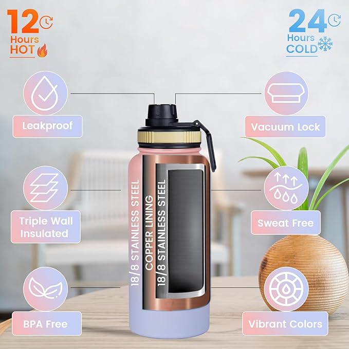 Lexlion Tea Infuser Water Bottle 32 Oz – Triple Wall Insulated Stainless Steel, Loose Leaf & Fruit Strainer, 3 Leakproof Lids, BPA-Free Silicone Sleeve, Reusable Thermal Mug - Bloomnest