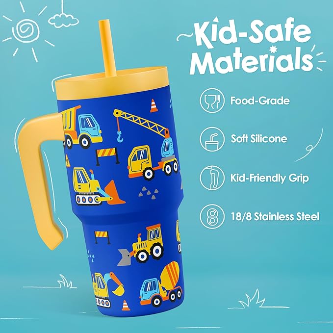 Construction Tumbler 20oz with Handle and Silicone Straw Lid for Kid, Insulated Stainless Steel Cup, Gift for Kids Boys, Gifts Idea for Birthday Christmas Back to School - Bloomnest