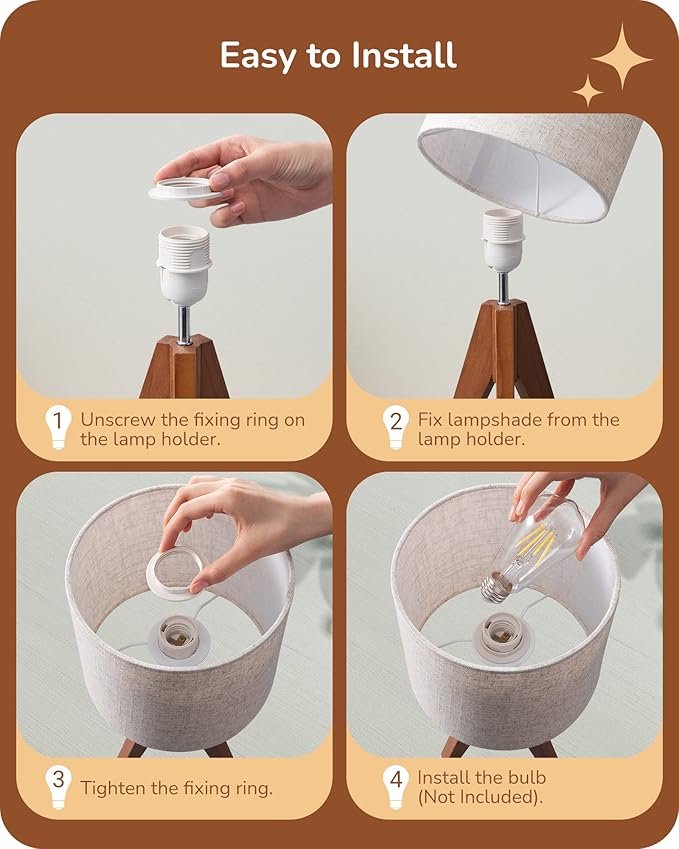 EDISHINE Tripod Table Lamp, Small Cute Bedside Lamp with Linen Beige Lampshade, Nightstand Lamp for Nursery, Bedroom, Kid Room, Living Room, Light Brown Wooden Base, E26 Socket, 14.2 Inch - Bloomnest