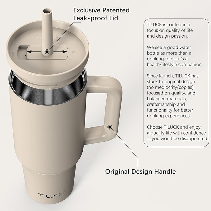 TILUCK 40 oz Tumbler with Handle, Vacuum Insulated Stainless Steel Travel Mug with 100% Leak-Proof Silicone Straw Lid, Cupholder Friendly Water Bottle(MistyGray, 40oz)