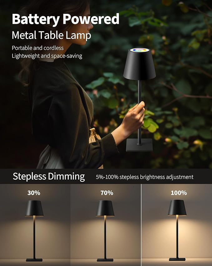 KDG 2 Pack Cordless Table Lamp, RGB Color Stepless Dimming Up, 4000mAh Battery Operated Portable LED Desk Lamp, for Dinning Room, Bedroom, Bar, Outdoor Garden, Camping, Night Light (Black) - Bloomnest