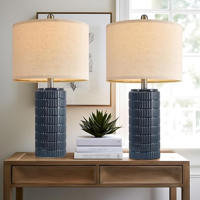 PoKat 23" Blue Table Lamps, Farmhouse Bedside Lamps for Bedroom Set of 2, Ceramic End Table Lamps for Living Room, Traditional Nightstand Desk Lamps, Medium - Bloomnest