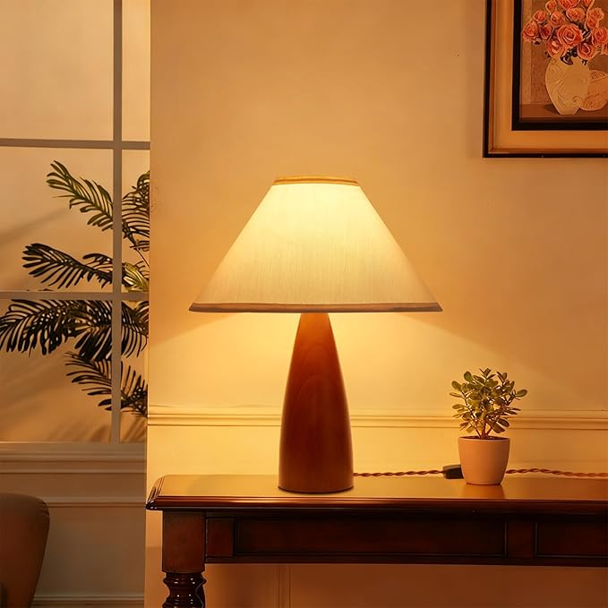 Bedside Table Lamp for Bedroom, Mid-Century Modern Plug in Fabric Shade & Solid Wood Base Desk Lamp, Plug & Play Warm Brown Nightstand Lamp for Living Room, Office, Switch Power Cord 【Bulb Included】 - Bloomnest