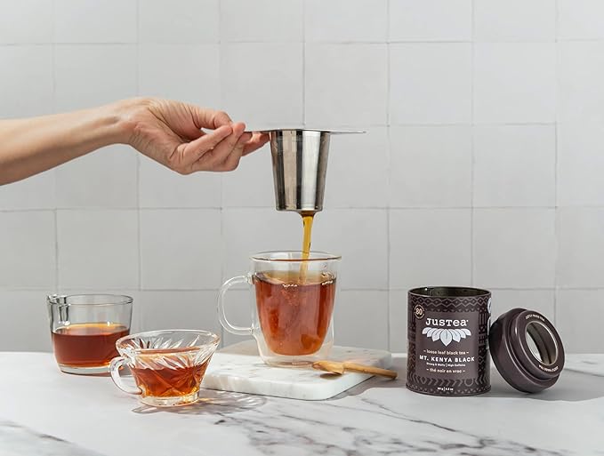 JusTea MT. KENYA BLACK | Loose Leaf Black Tea | Tin with Hand Carved Tea Spoon | 40+ Cups (3.2oz) | High Caffeine | Award-Winning | Fair Trade | Non-GMO - Bloomnest